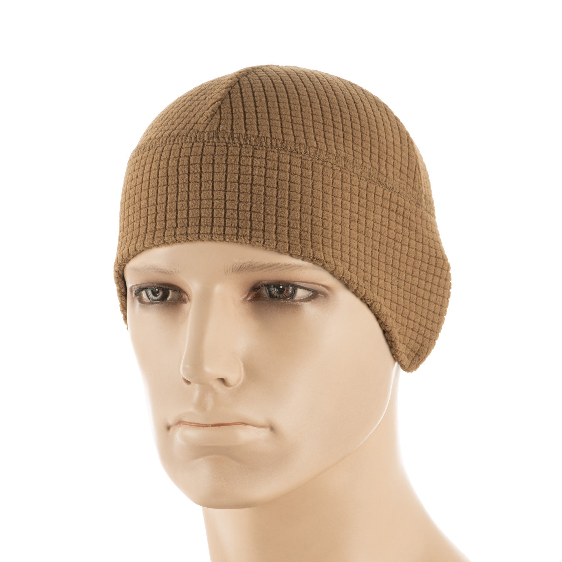 Brown beanie on a mannequin head with M-Tac branding in the corner.