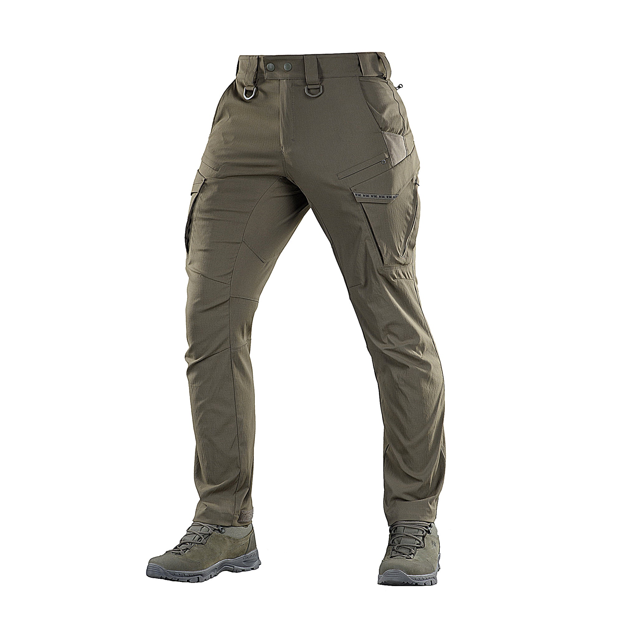 A pair of green M-Tac Tactical Pants Aggressor Summer Flex with reinforced pockets, an elastic waistband, and adjustable leg cuffs.