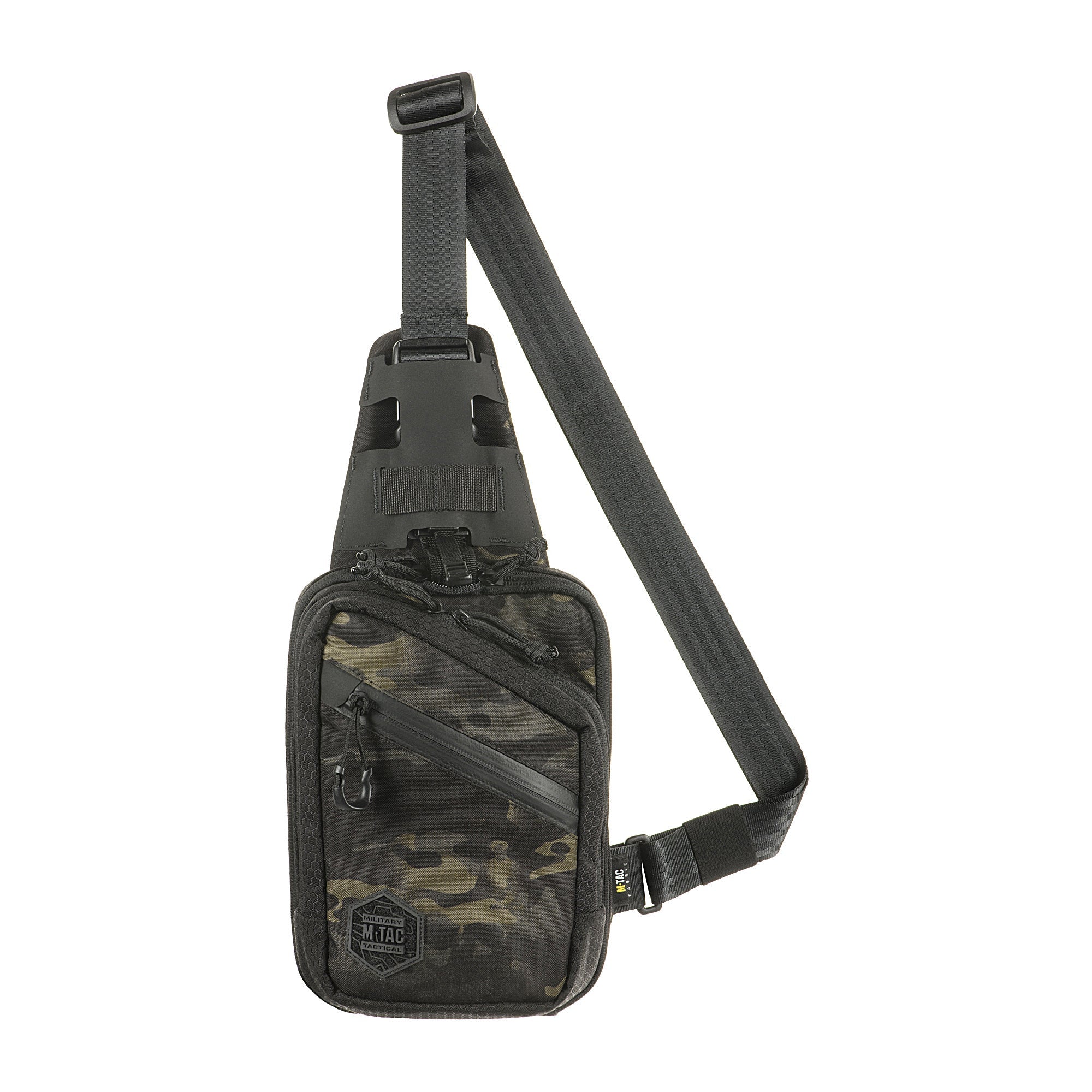 A black M-Tac Sling Pistol Bag Elite Hex with camouflage pattern, featuring an adjustable shoulder strap and multiple compartments