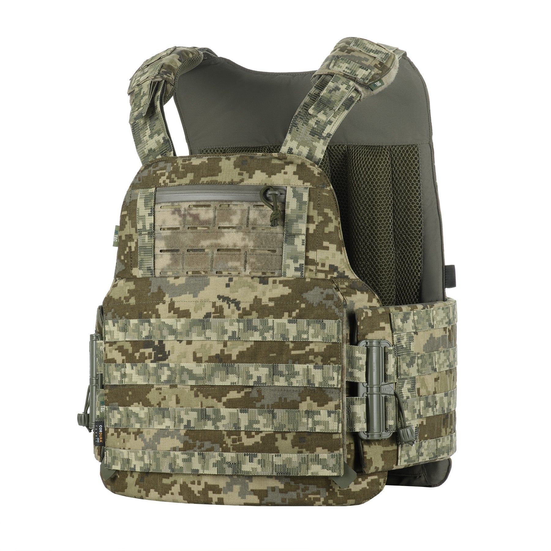 Camouflage tactical vest with M-Tac branding on a white background