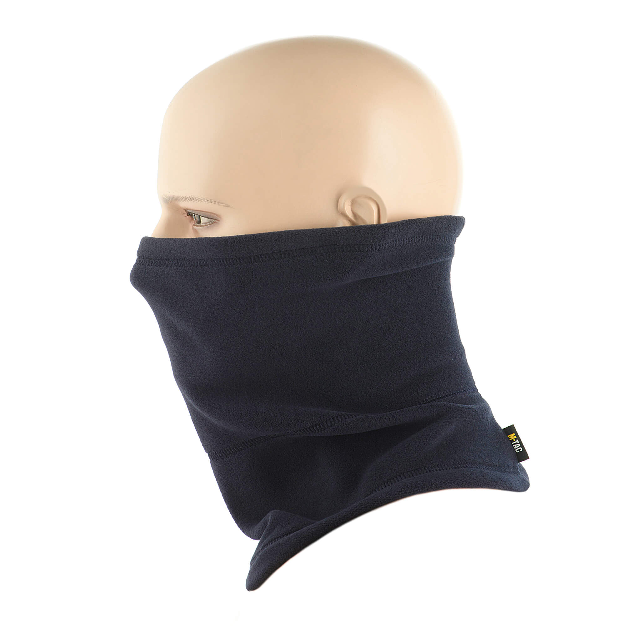 Navy blue neck gaiter on a mannequin head with a white background