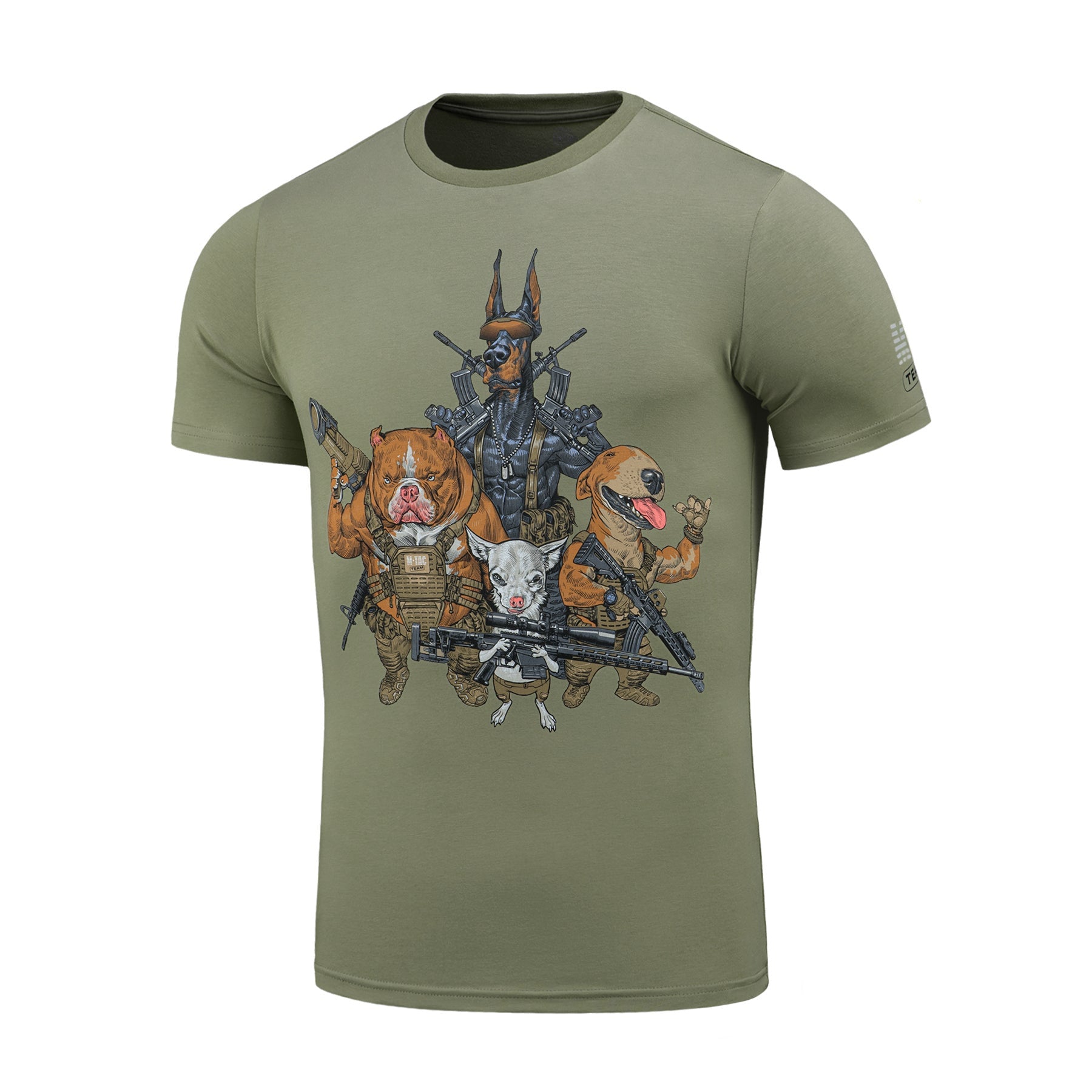 Olive green t-shirt with graphic design of animals holding guns on a white background, featuring M-Tac branding.
