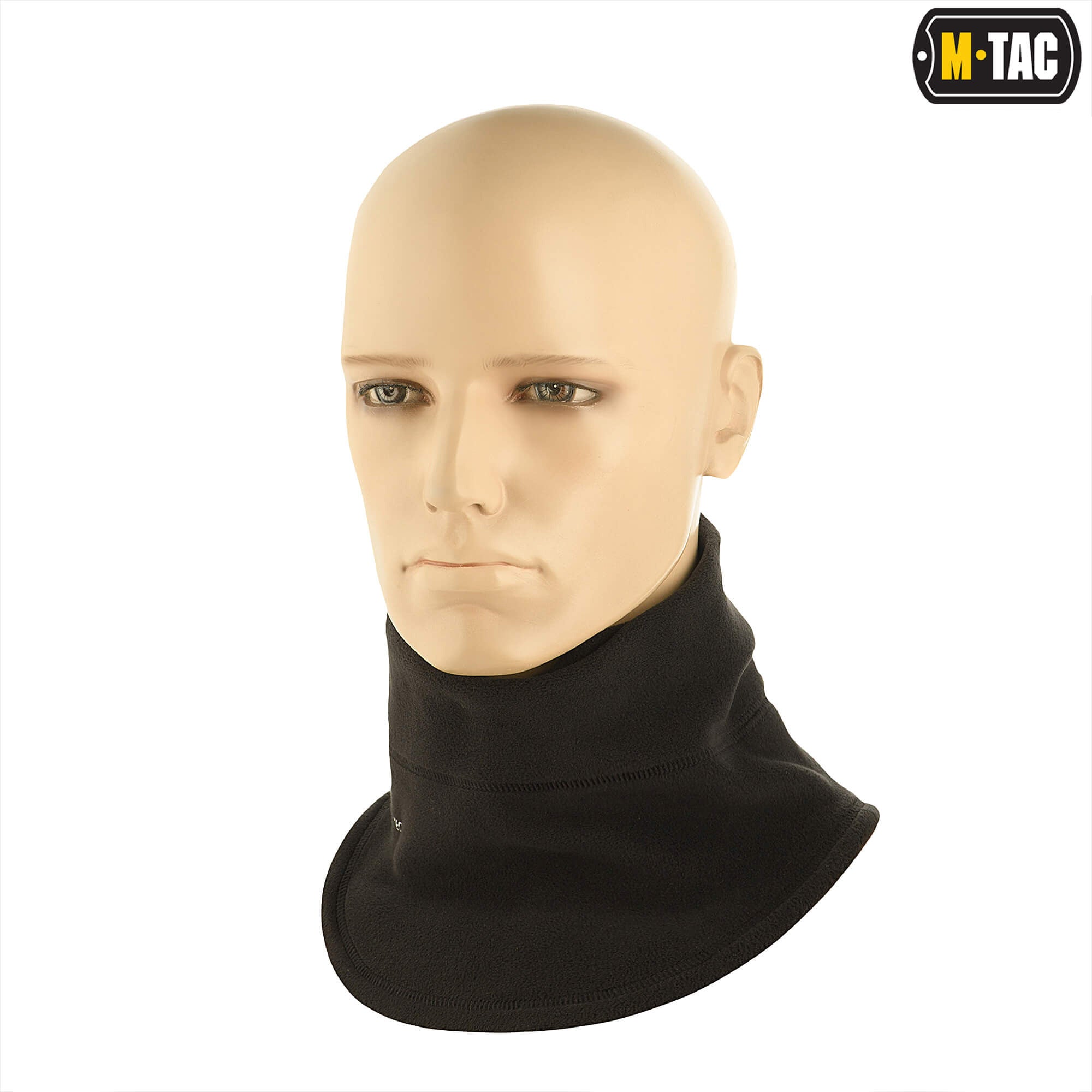 Mannequin head wearing a black neck gaiter with M-Tac and Polartec logos on a white background.