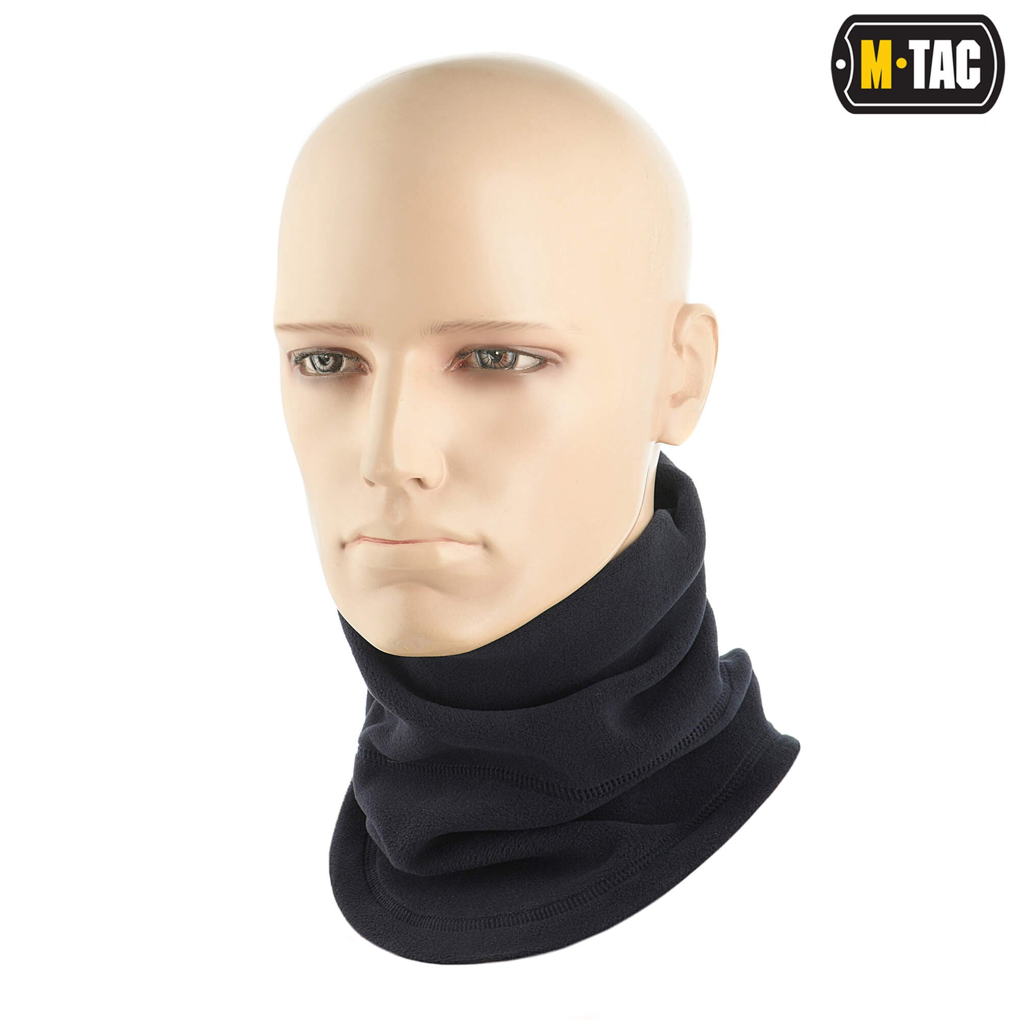 Black neck gaiter on a mannequin head with M-Tac branding and Polartec logo.