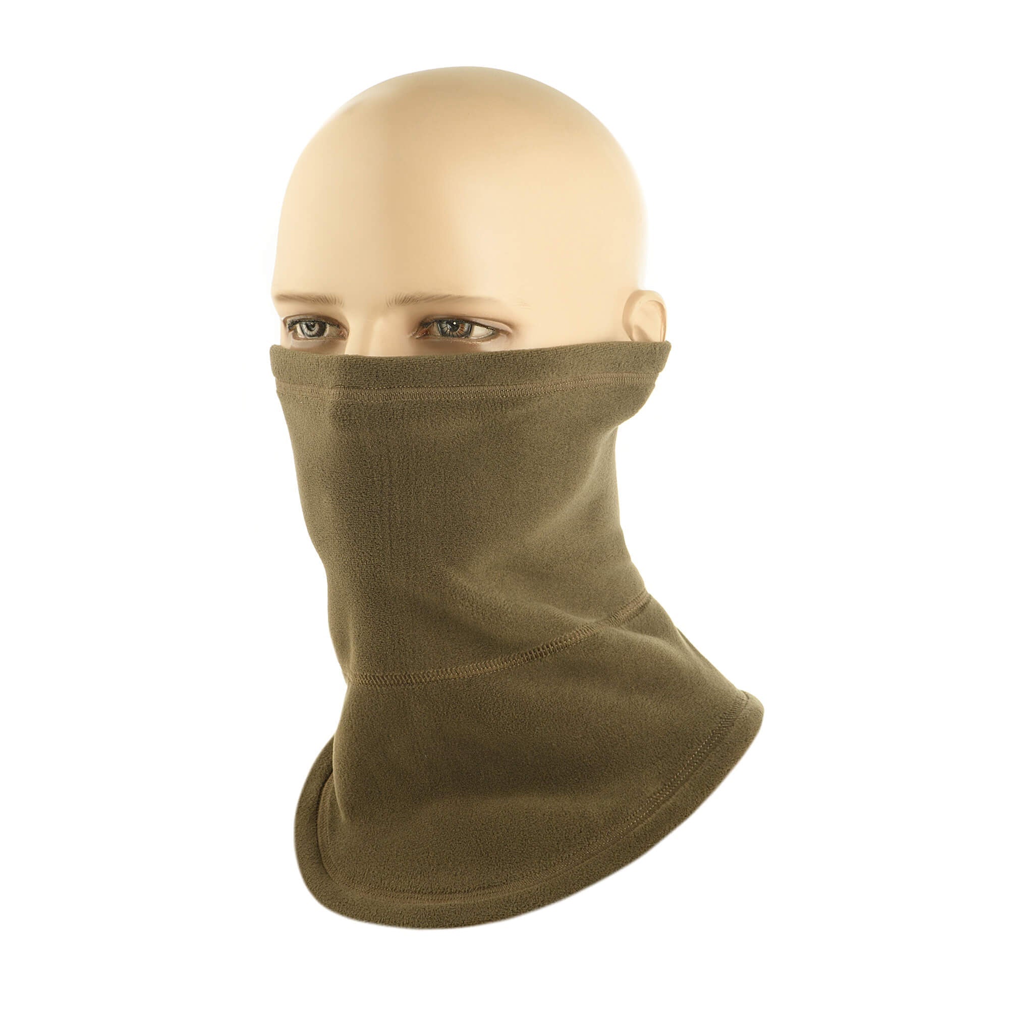 Brown balaclava on a mannequin head with M-Tac branding and Polartec logo.