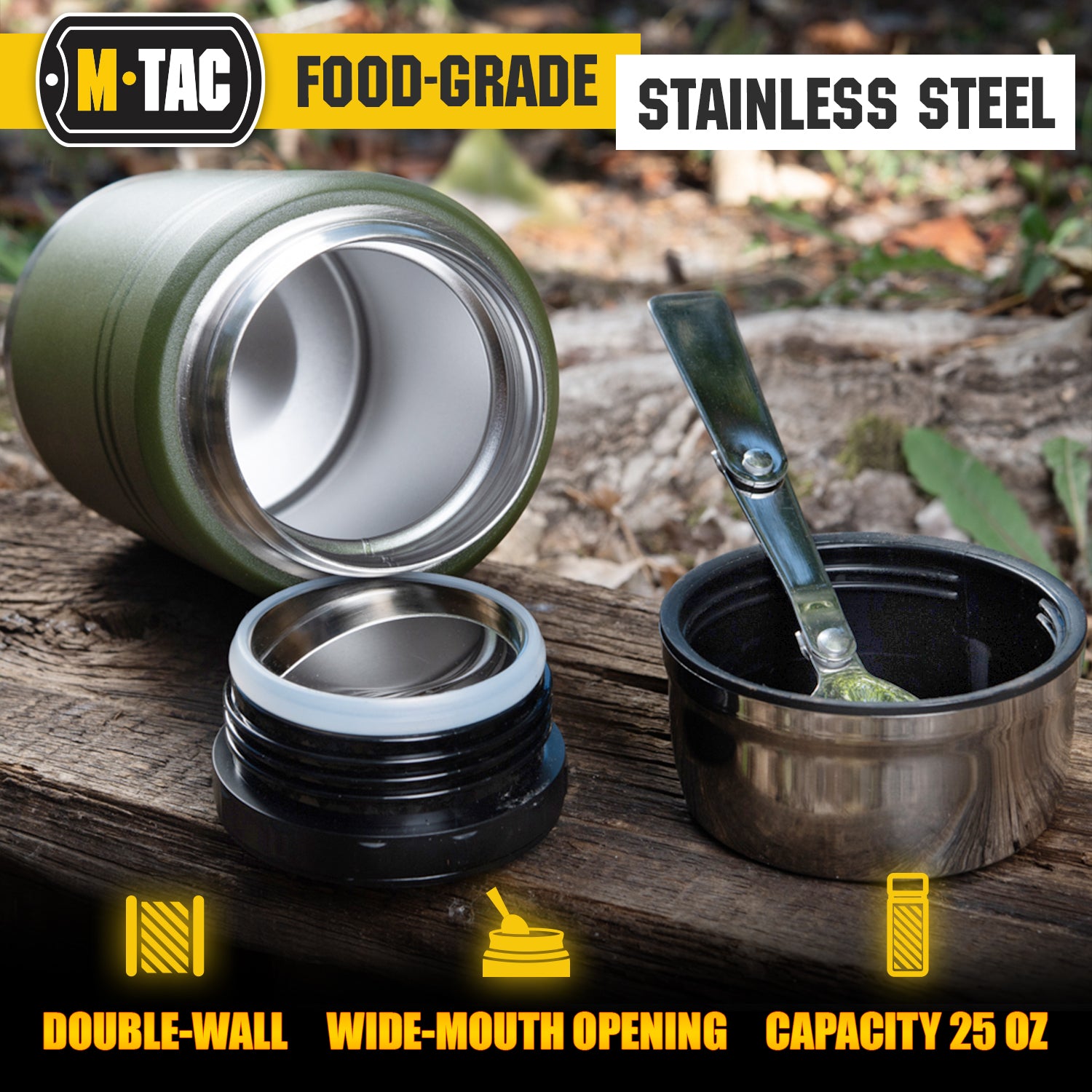 M-Tac Stainless 25 oz Thermos with folding spoon Olive