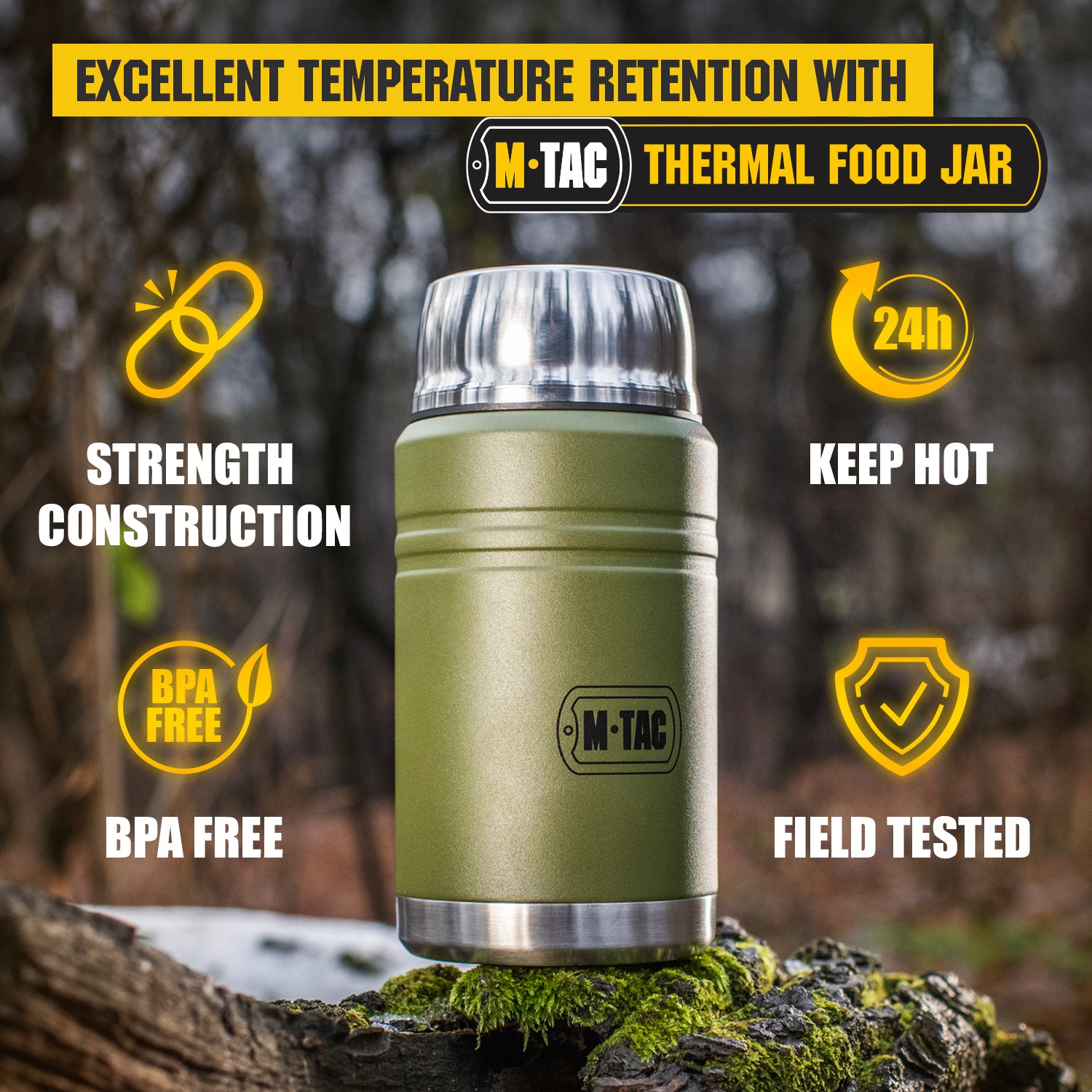 M-Tac Stainless 25 oz Thermos with folding spoon Olive