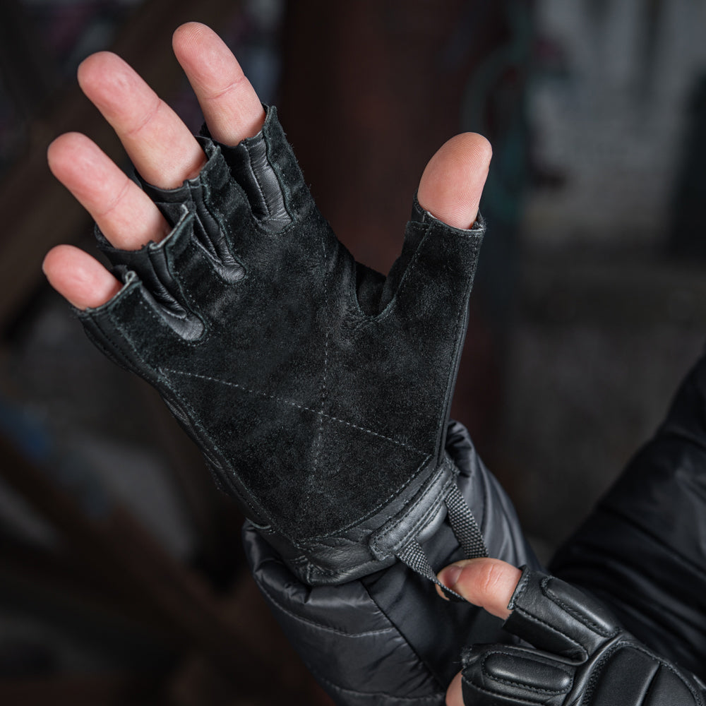 Mil-Tec Men's Fingerless Leather Gloves Black